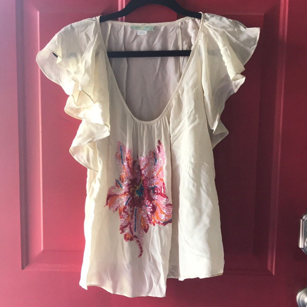 Anthropologie Silk Flutter Sleeve Top